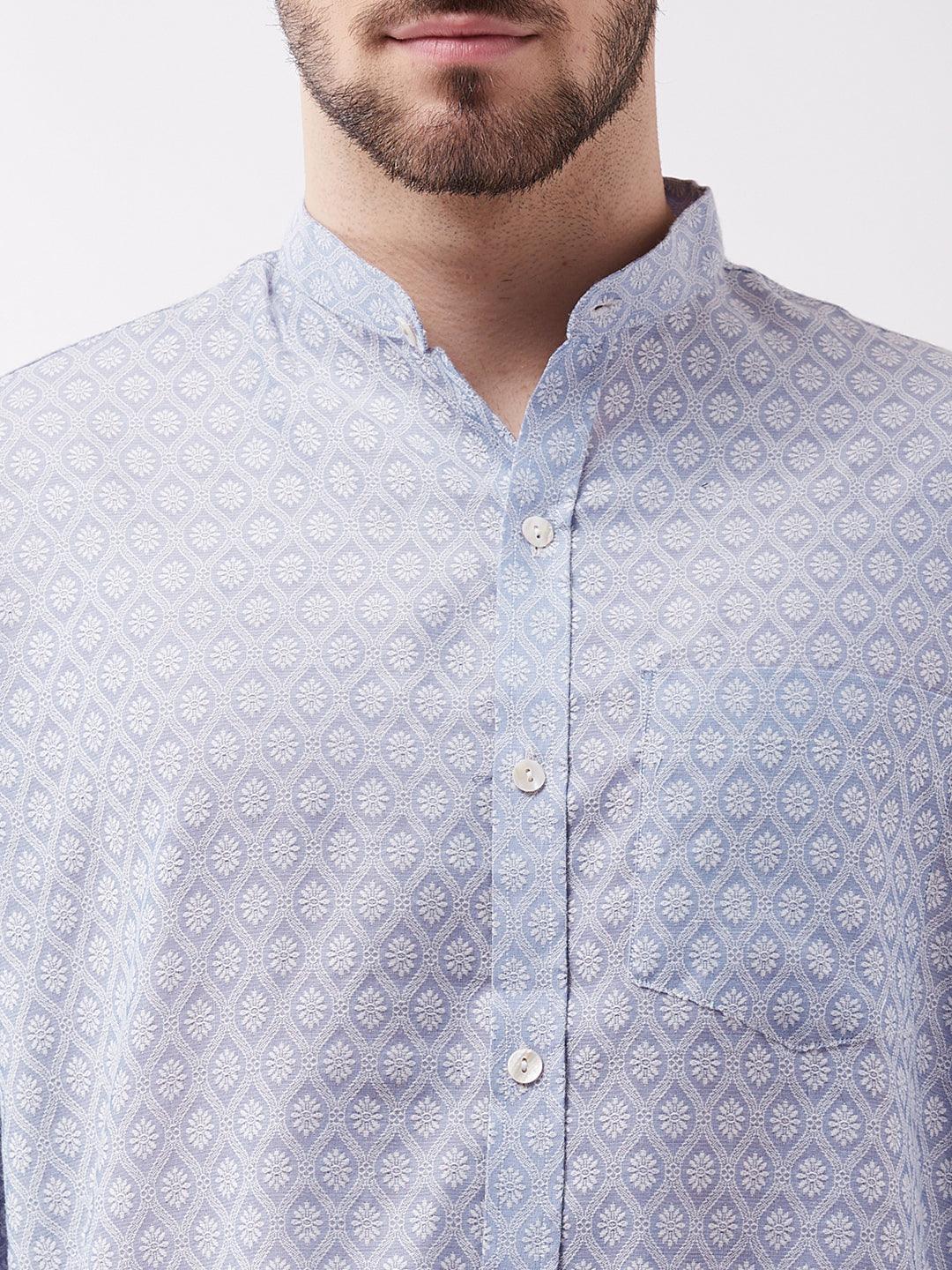 VASTRAMAY Men's Lavender Blue Silk Blend Ethnic Shirt - Uboric