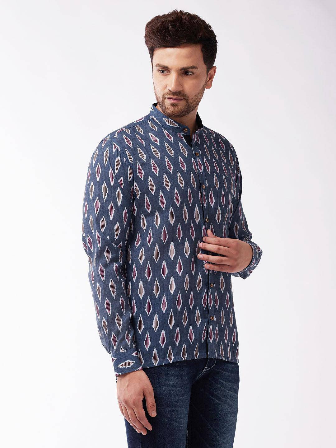 VASTRAMAY Men's Multicolour-Base-Grey Cotton Blend Ethnic Shirt - Uboric