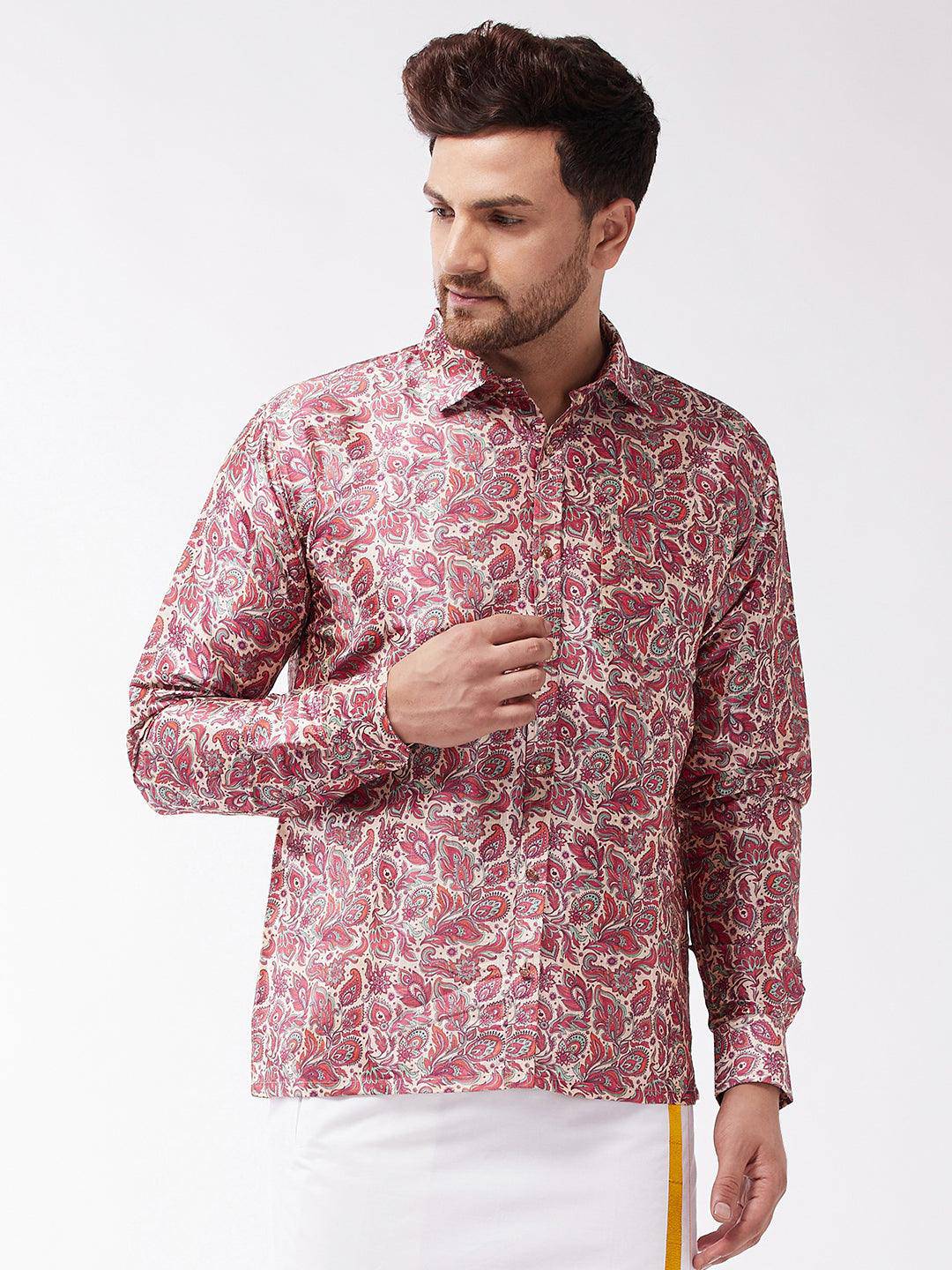 VASTRAMAY Men's Multicolour-Base-Pink Silk Blend Ethnic Shirt - Uboric