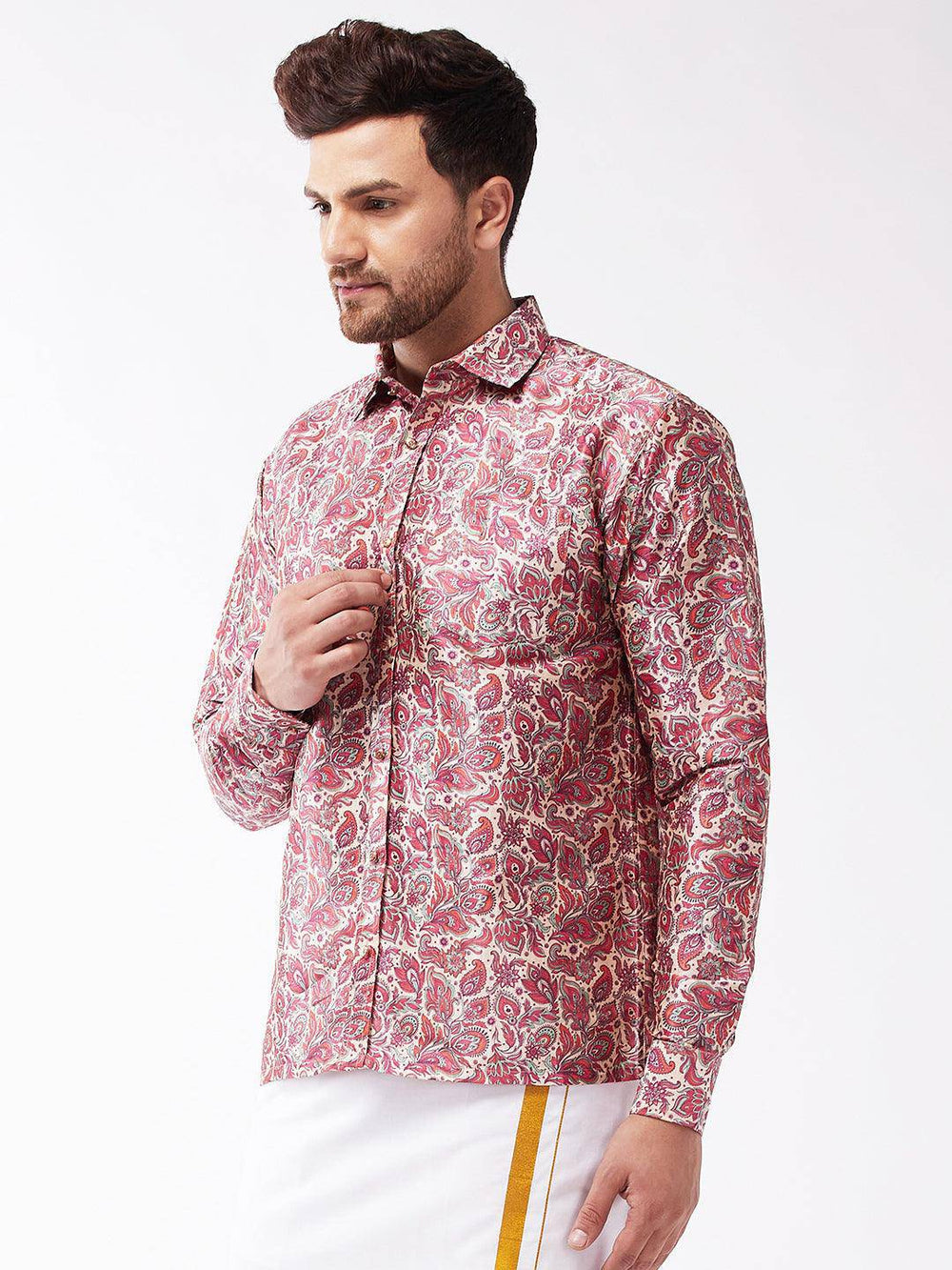 VASTRAMAY Men's Multicolour-Base-Pink Silk Blend Ethnic Shirt - Uboric