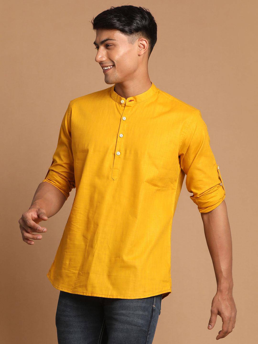 VASTRAMAY Men's Mustard Short Cotton Kurta - Uboric