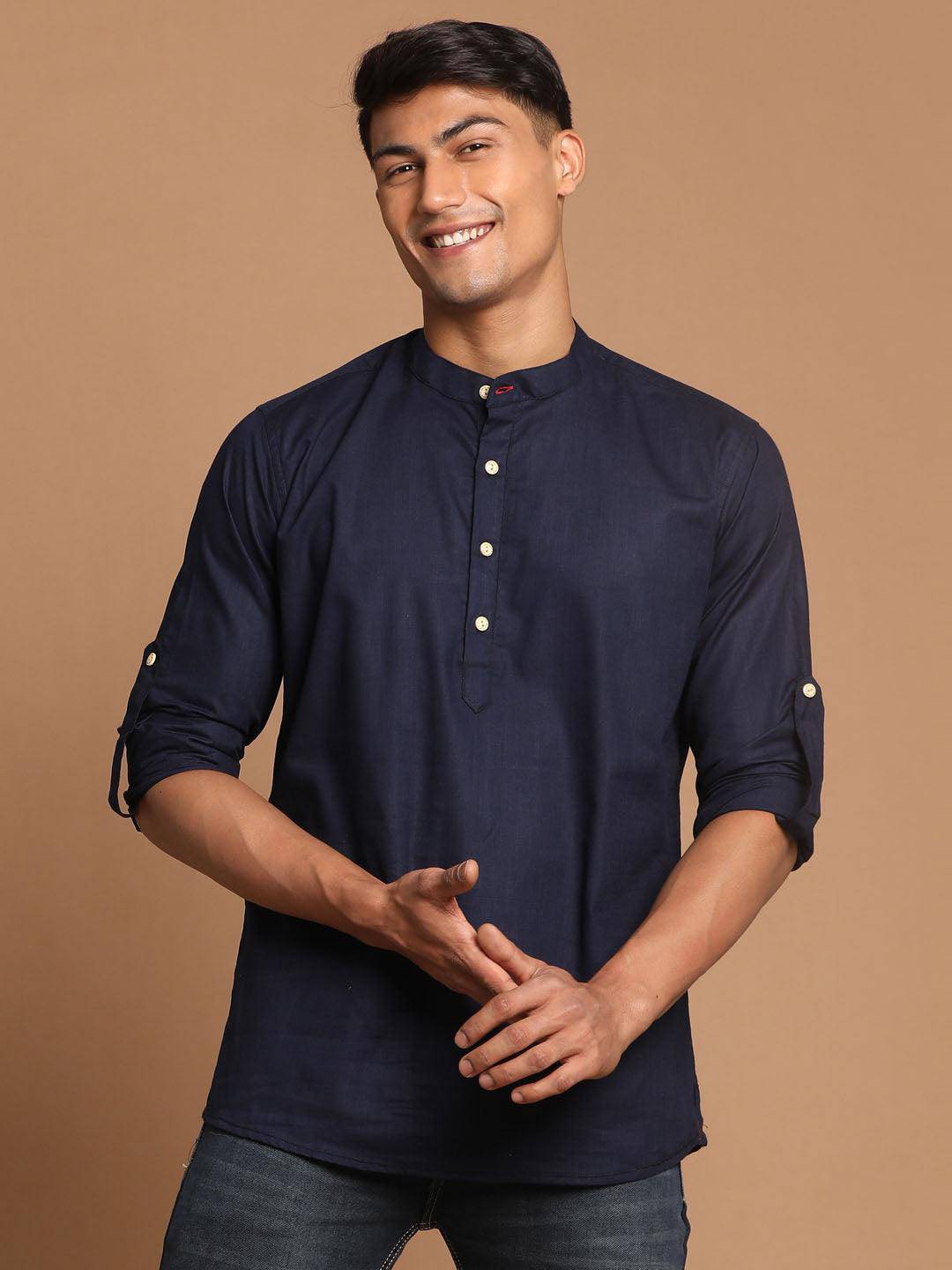 VASTRAMAY Men's Navy Blue Short Cotton Kurta - Uboric