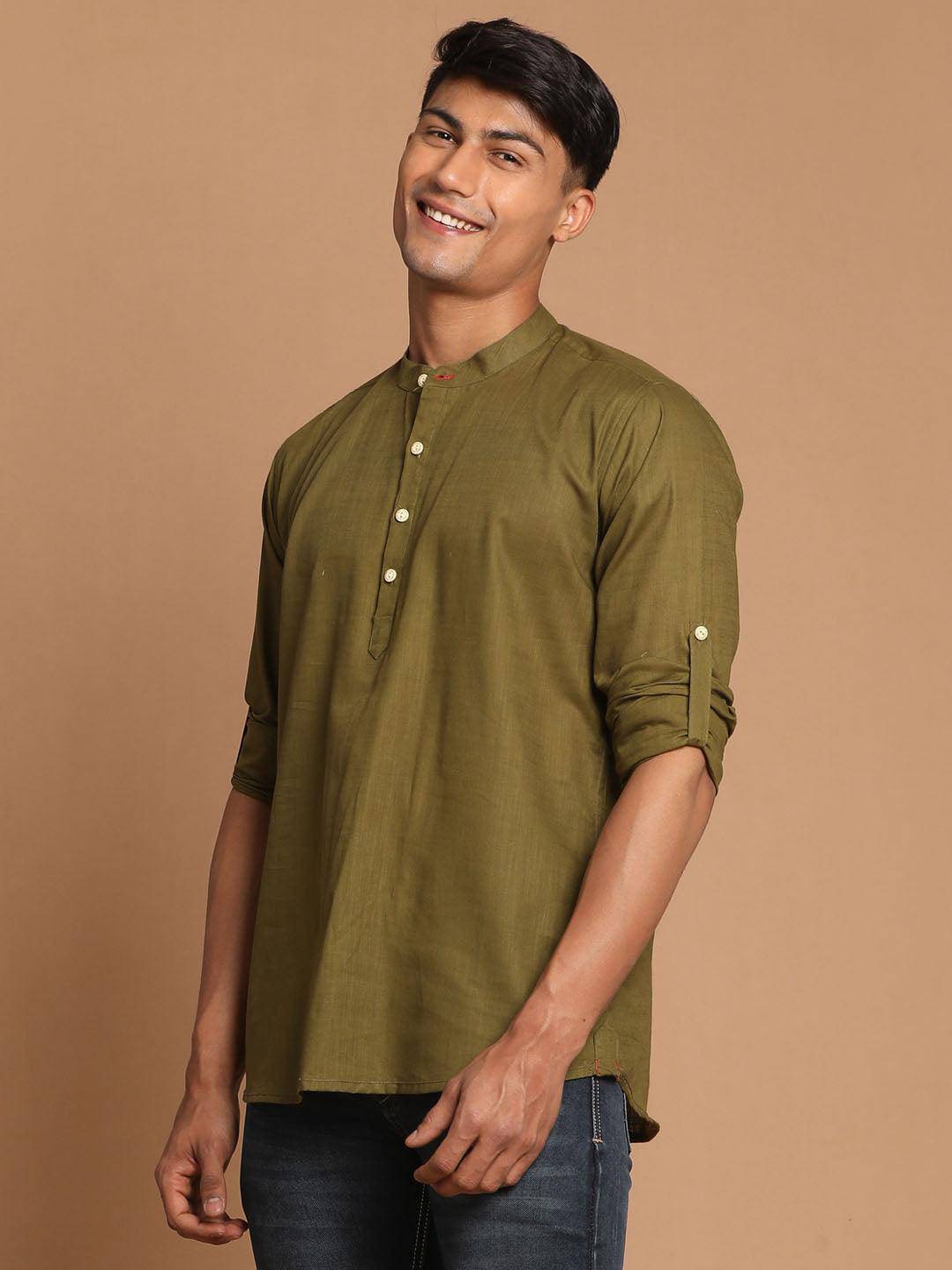 VASTRAMAY Men's Olive Green Short Cotton Kurta - Uboric