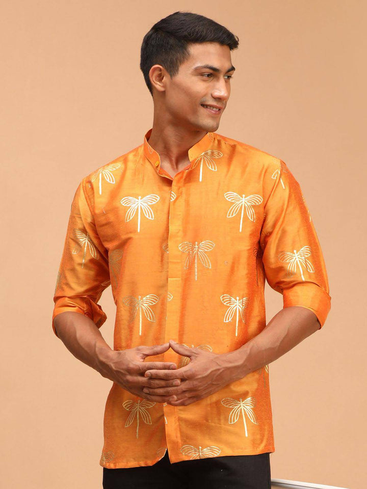 VASTRAMAY Men's Orange Foil Print Shirt - Uboric