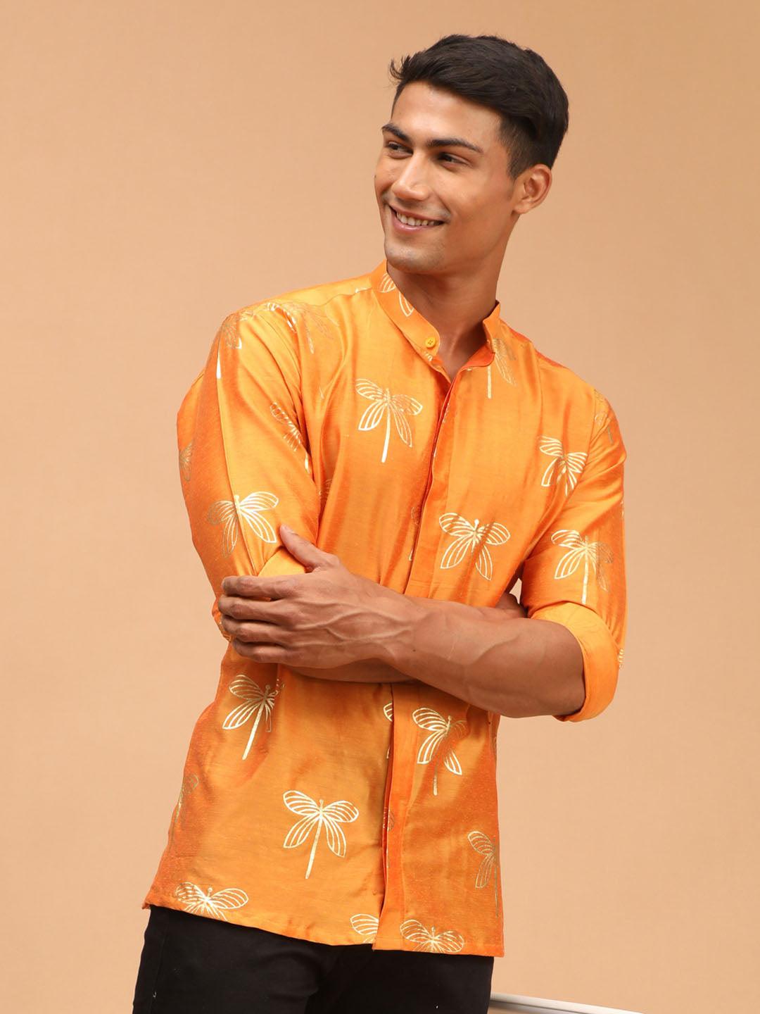 VASTRAMAY Men's Orange Foil Print Shirt - Uboric