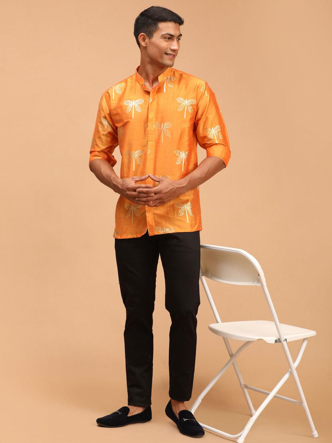 VASTRAMAY Men's Orange Foil Print Shirt - Uboric