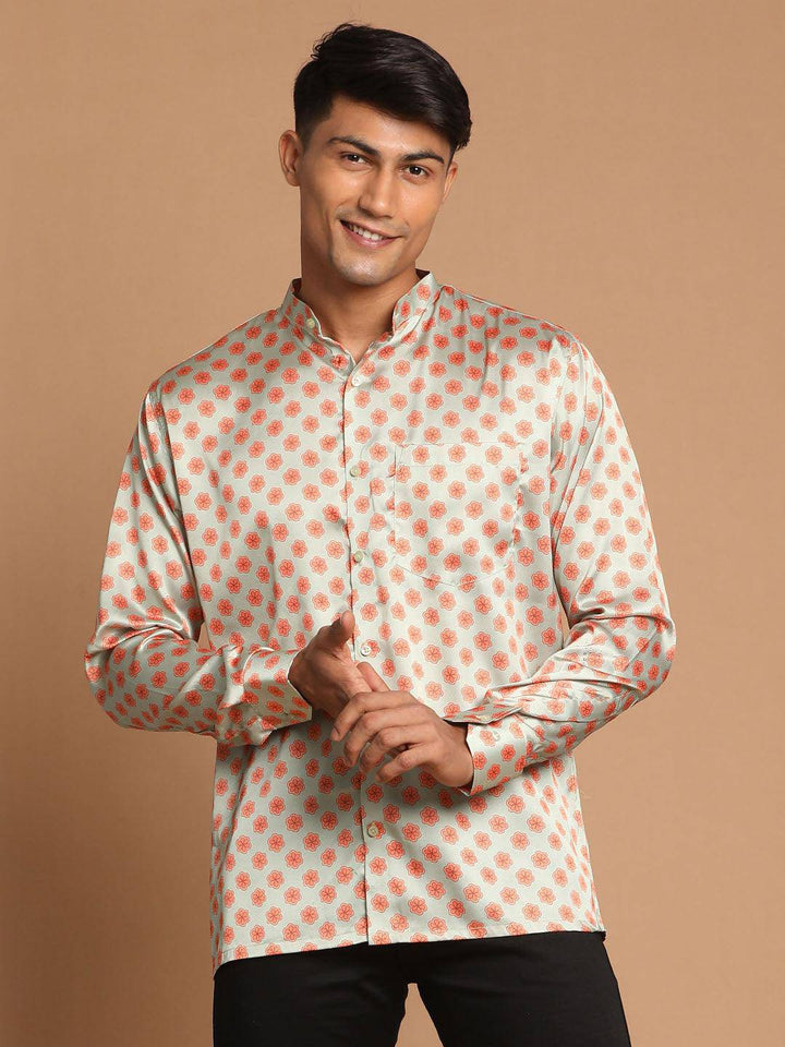 VASTRAMAY Men's Orange Silk Blend Printed Shirt - Uboric