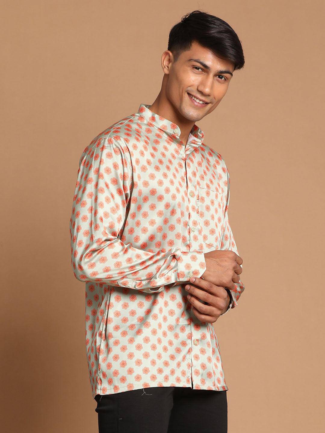 VASTRAMAY Men's Orange Silk Blend Printed Shirt - Uboric