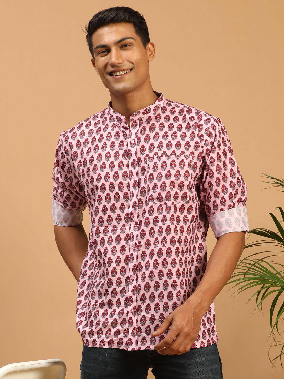 VASTRAMAY Men's Pink Cotton Blend Printed Shirt - Uboric