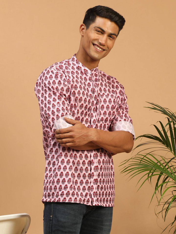 VASTRAMAY Men's Pink Cotton Blend Printed Shirt - Uboric