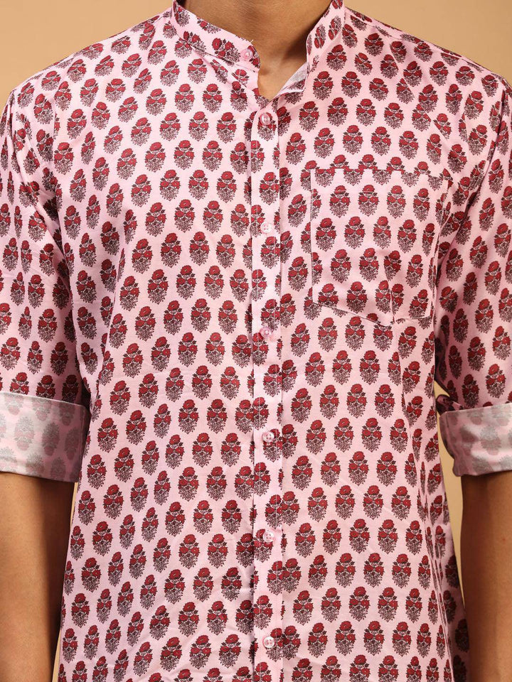 VASTRAMAY Men's Pink Cotton Blend Printed Shirt - Uboric