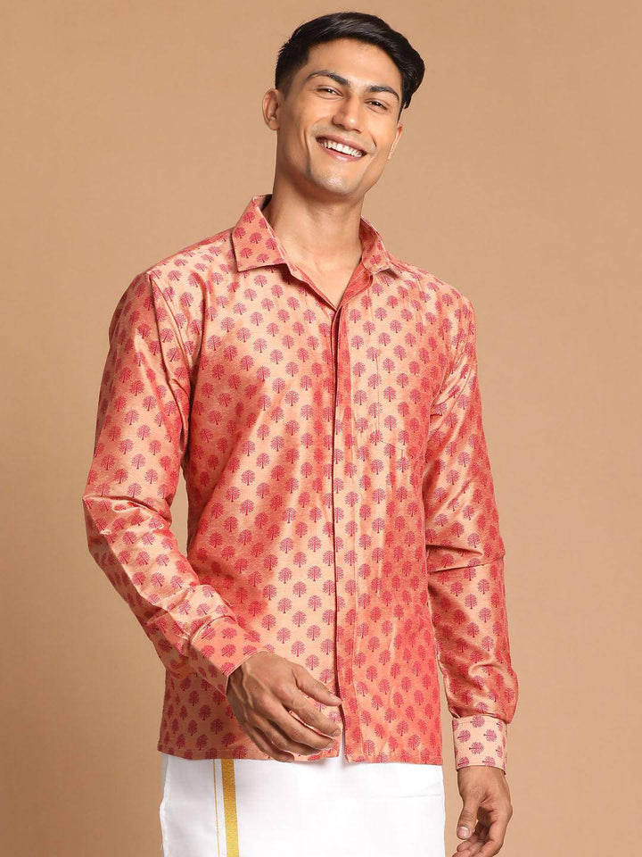 VASTRAMAY Men's Pink Silk Blend Printed Shirt - Uboric