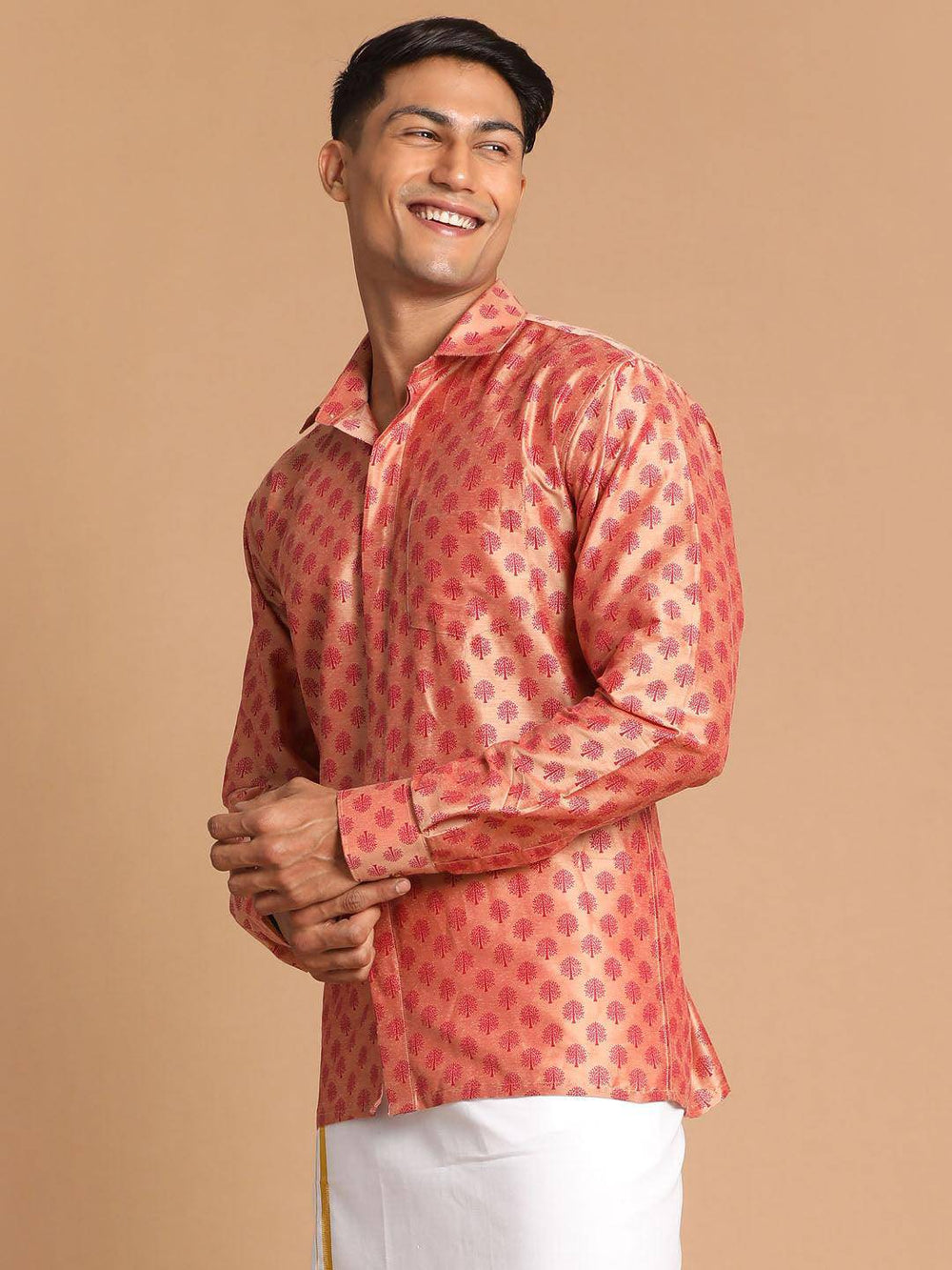 VASTRAMAY Men's Pink Silk Blend Printed Shirt - Uboric