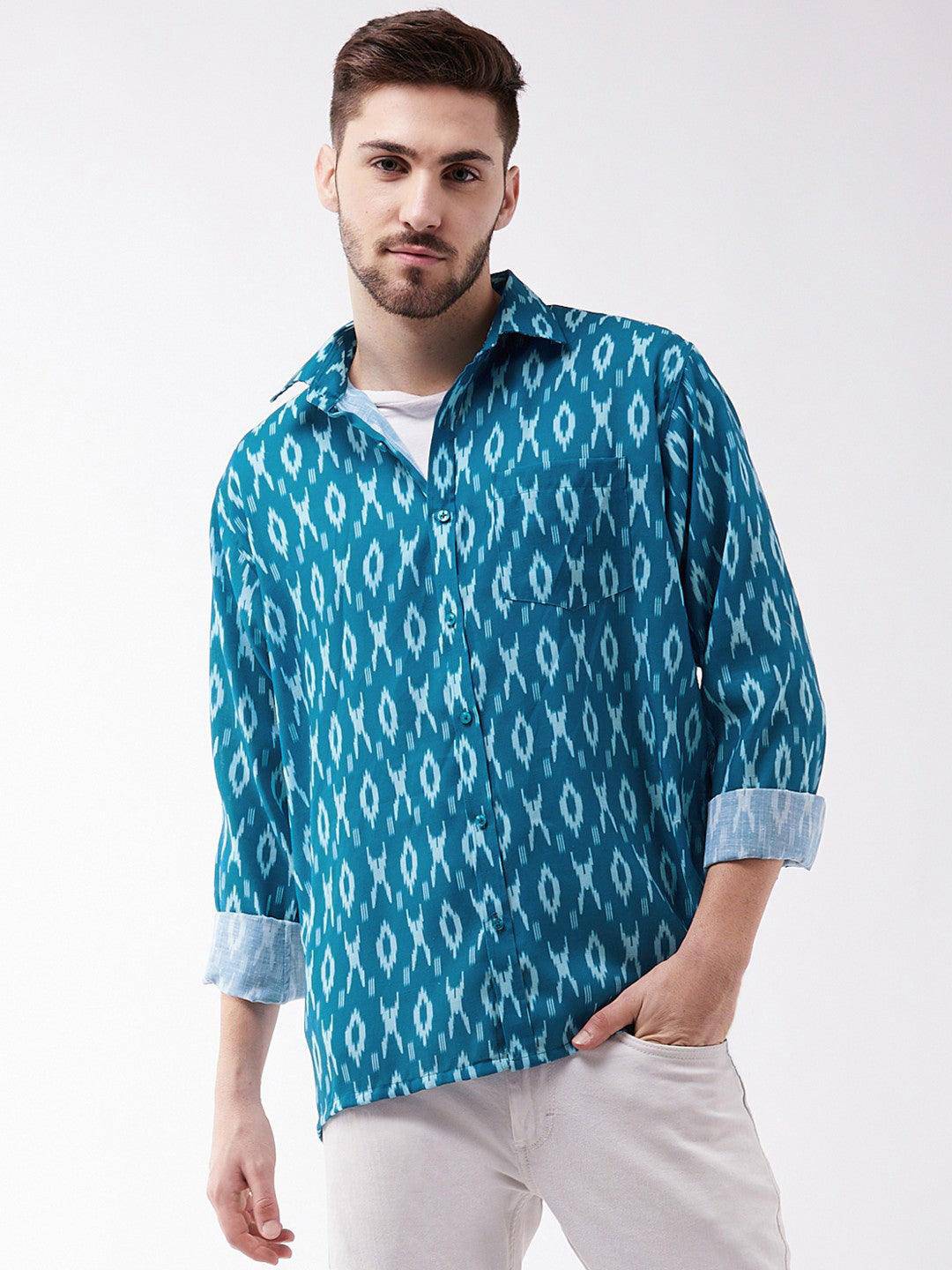 VASTRAMAY Men's Turquoise Cotton Blend Ethnic Shirt - Uboric