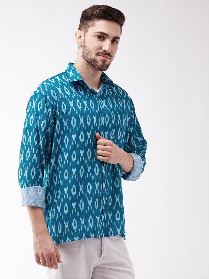 VASTRAMAY Men's Turquoise Cotton Blend Ethnic Shirt - Uboric