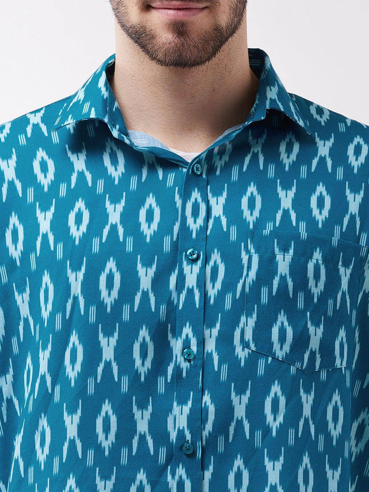 VASTRAMAY Men's Turquoise Cotton Blend Ethnic Shirt - Uboric