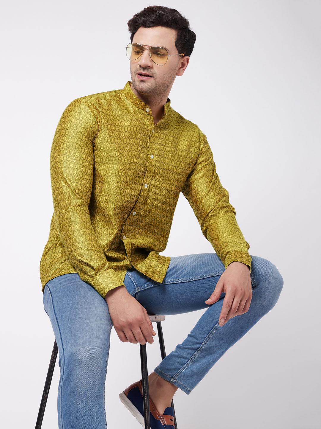 VASTRAMAY Men's Yellow Silk Blend Ethnic Shirt - Uboric