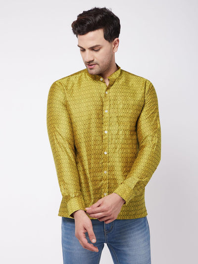 VASTRAMAY Men's Yellow Silk Blend Ethnic Shirt - Uboric