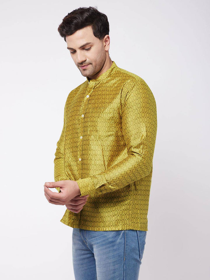 VASTRAMAY Men's Yellow Silk Blend Ethnic Shirt - Uboric