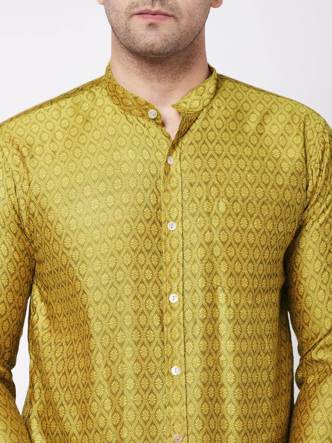 VASTRAMAY Men's Yellow Silk Blend Ethnic Shirt - Uboric