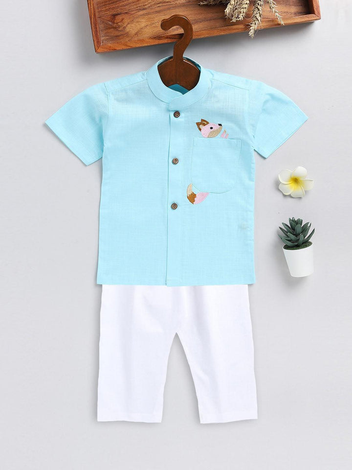 VASTRAMAY SISHU Boy's Aqua Blue and White Embroidered Cotton Kurta Pyjama Set - Uboric