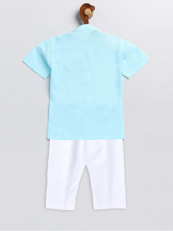 VASTRAMAY SISHU Boy's Aqua Blue and White Embroidered Cotton Kurta Pyjama Set - Uboric