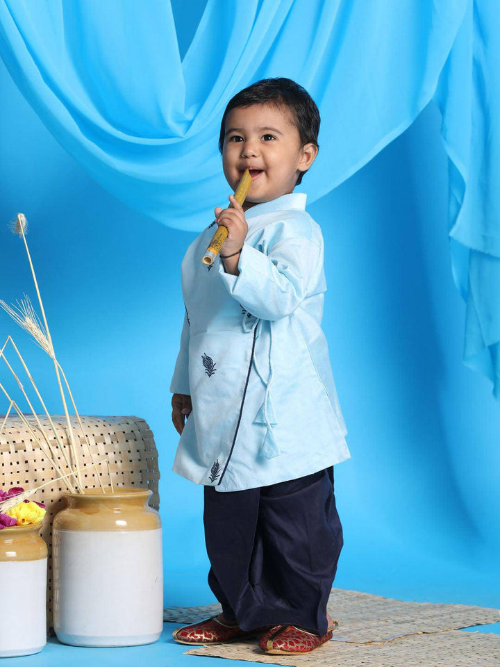 VASTRAMAY SISHU Boy's Aqua Blue Embroidered Angrakha Style Krishna Kurta and Navy Blue Dhoti Set - Uboric