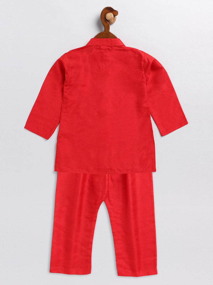 VASTRAMAY SISHU Boy's Aqua Blue Floral Silk Blend Nehru Jacket And Red Kurta Pyjama Set - Uboric