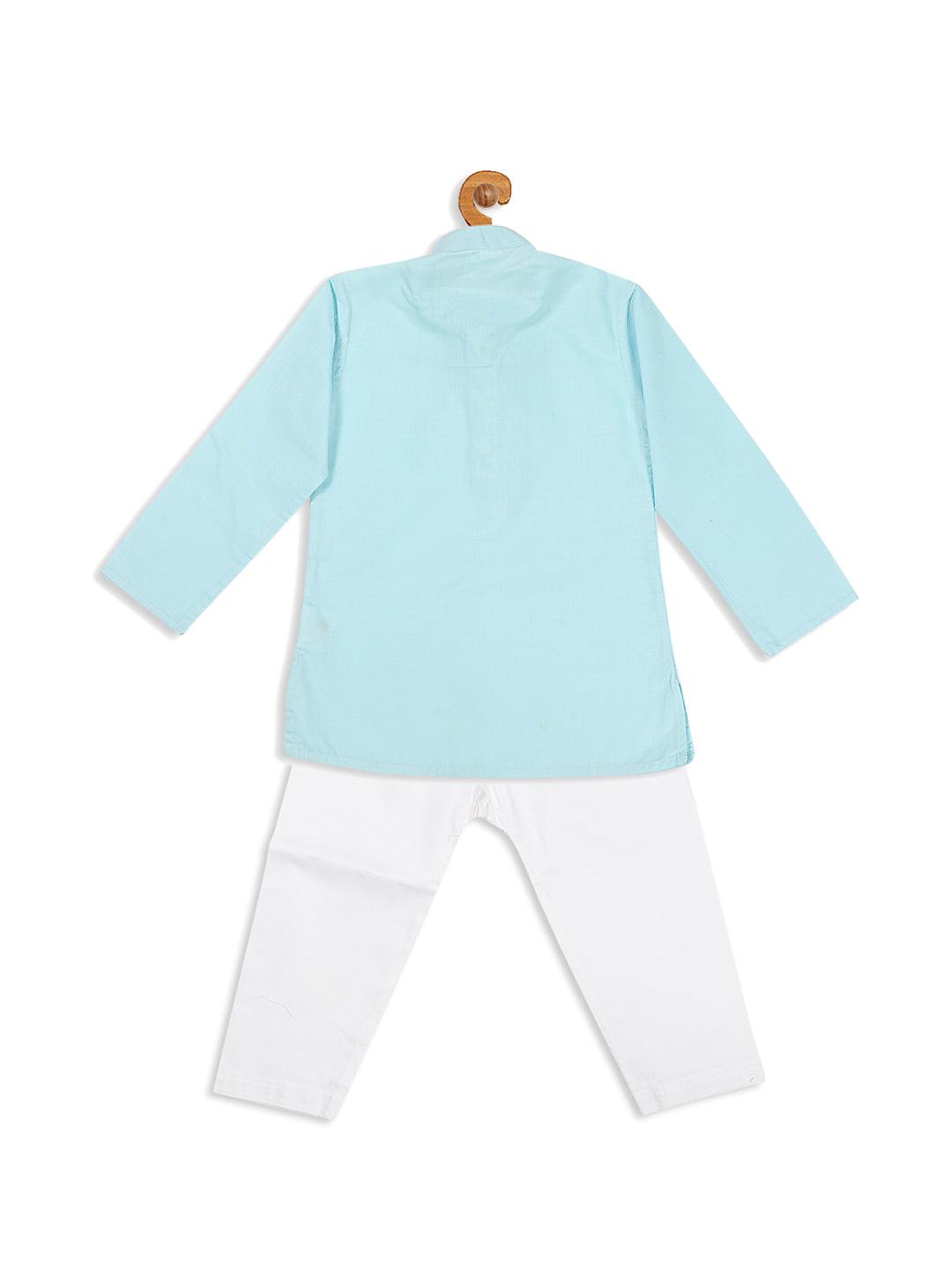 VASTRAMAY SISHU Boy's Aqua Blue Kurta With White Pyjama Set - Uboric