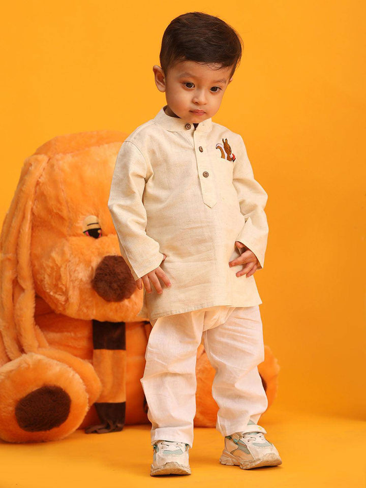 VASTRAMAY SISHU Boy's Beige and White Embroidered Cotton Kurta Pyjama Set - Uboric