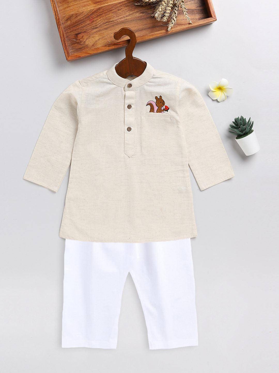 VASTRAMAY SISHU Boy's Beige and White Embroidered Cotton Kurta Pyjama Set - Uboric