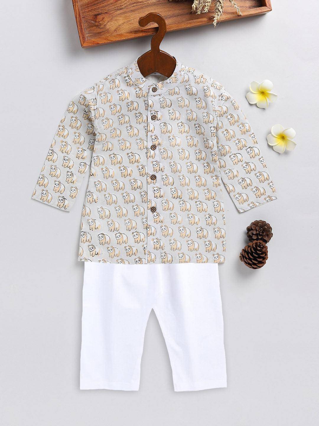 VASTRAMAY SISHU Boy's Beige Panda Printed Cotton Kurta Pyjama Set - Uboric