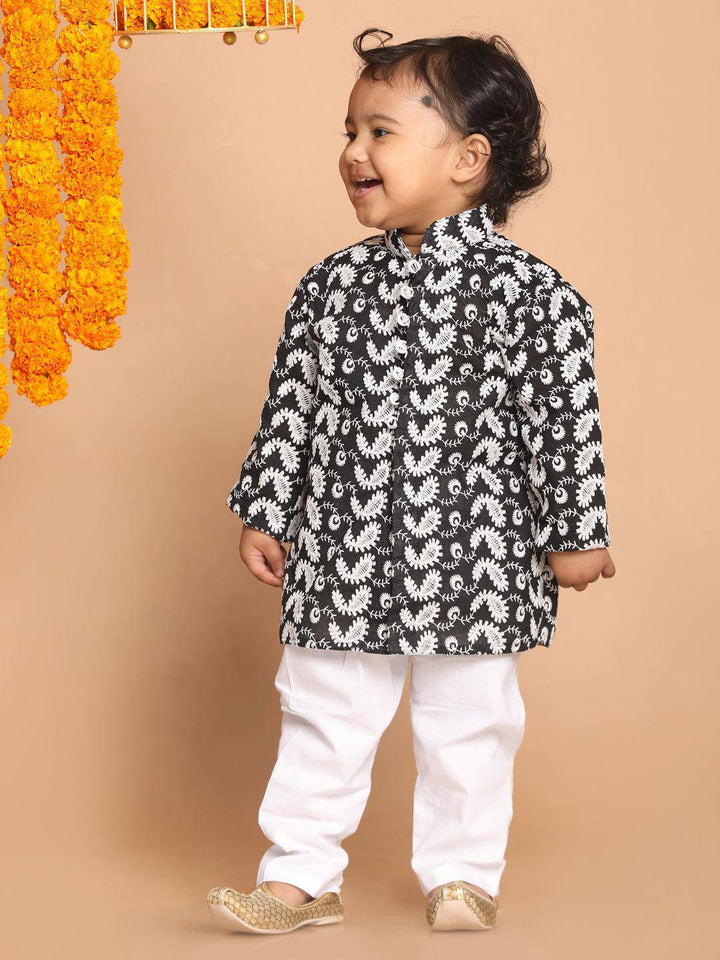 VASTRAMAY SISHU Boy's Black Chikankari Pure Cotton Kurta With White Pyjama Set - Uboric