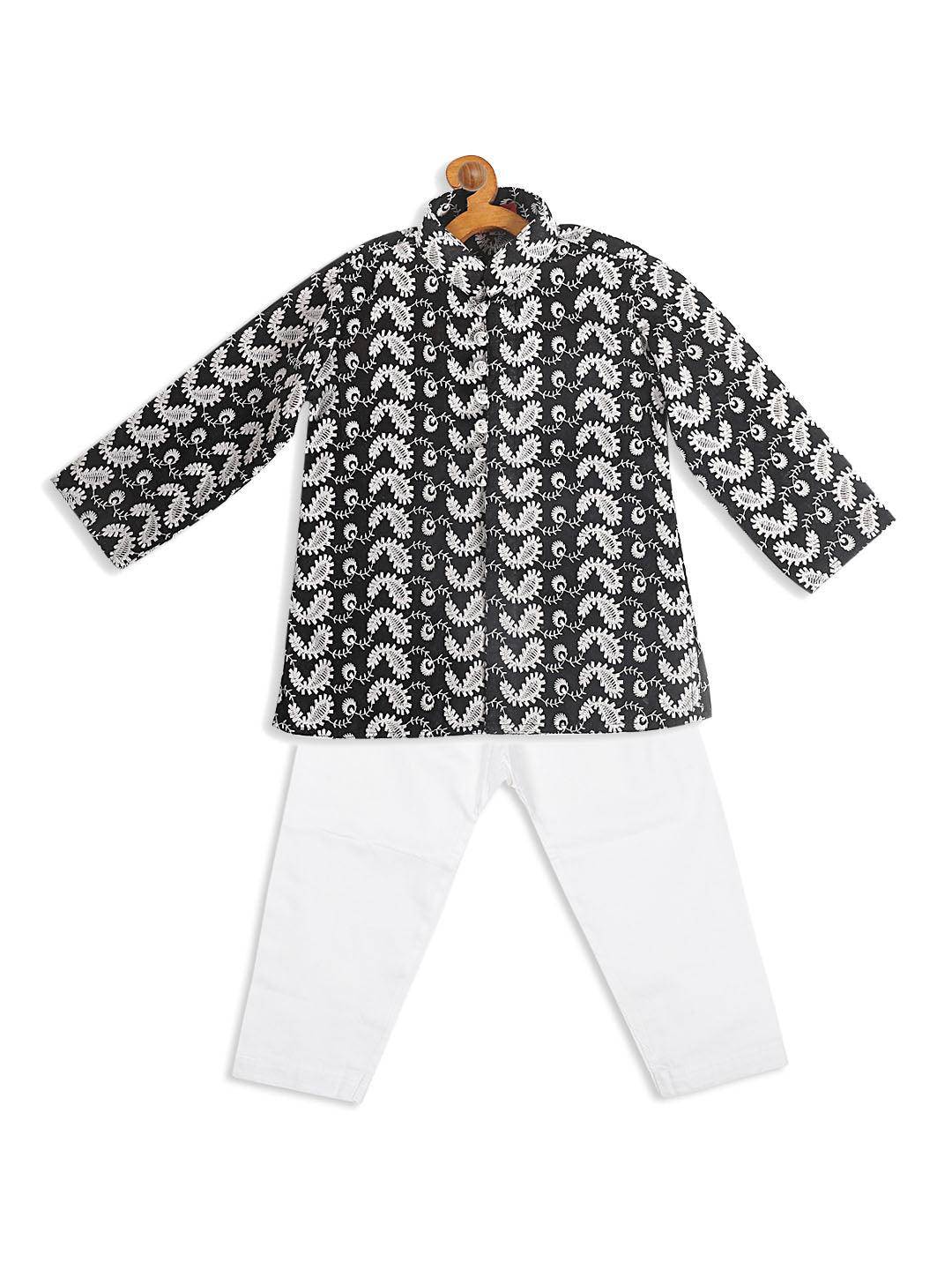 VASTRAMAY SISHU Boy's Black Chikankari Pure Cotton Kurta With White Pyjama Set - Uboric