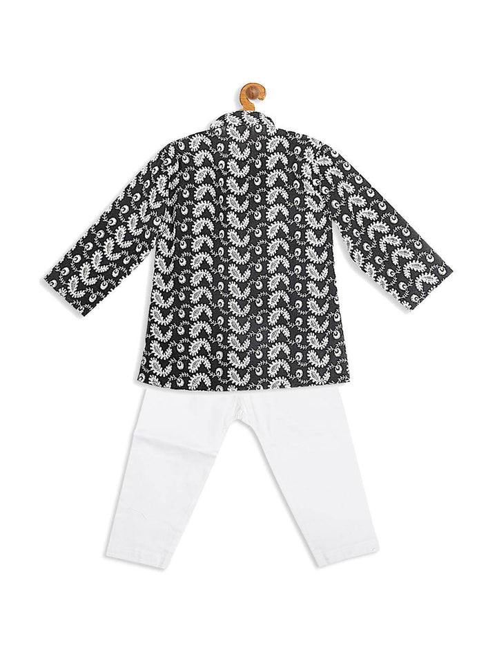 VASTRAMAY SISHU Boy's Black Chikankari Pure Cotton Kurta With White Pyjama Set - Uboric