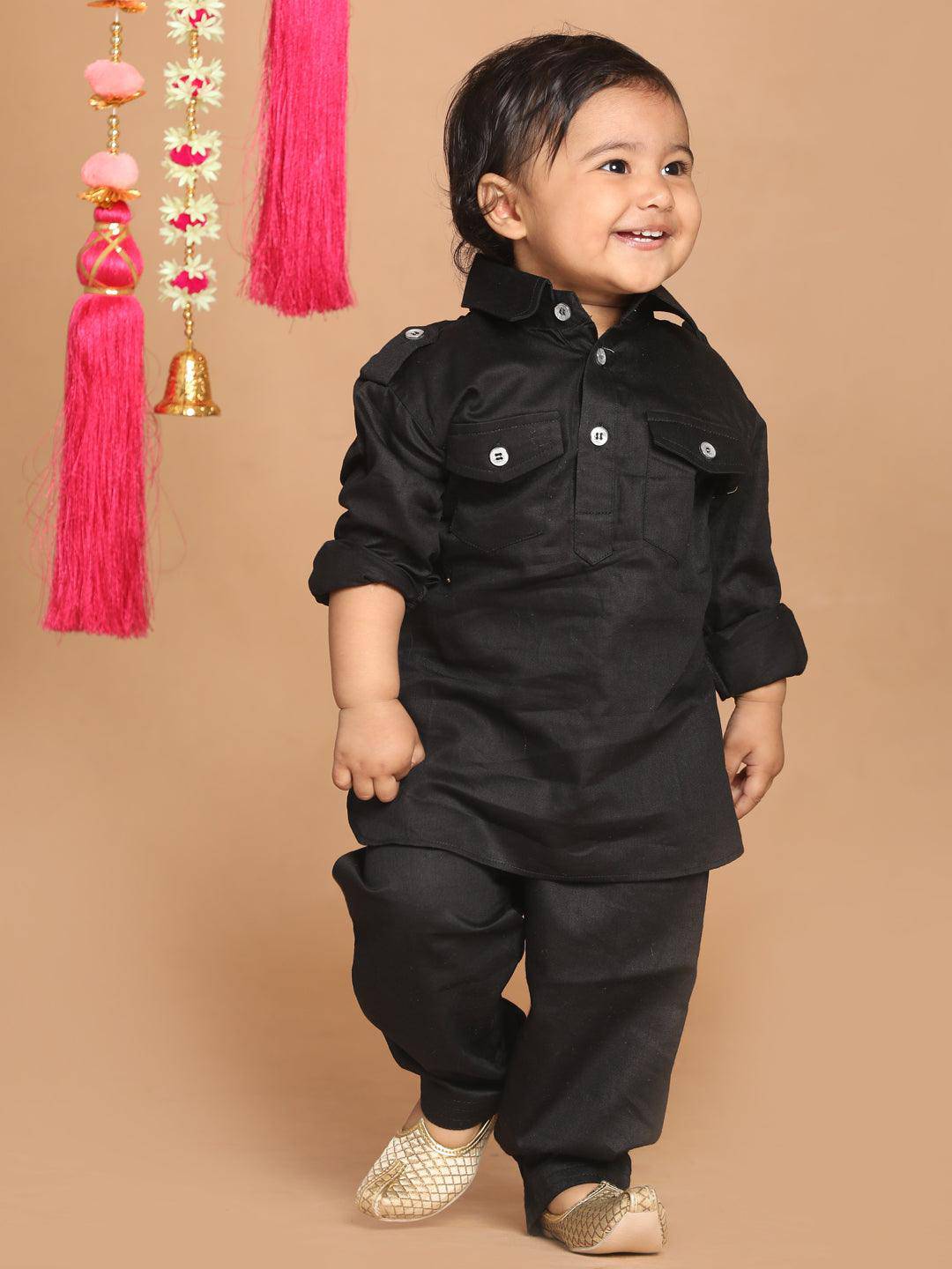 VASTRAMAY SISHU Boy's Black Pure Cotton Pathani Style Kurta With Pyjama Set - Uboric