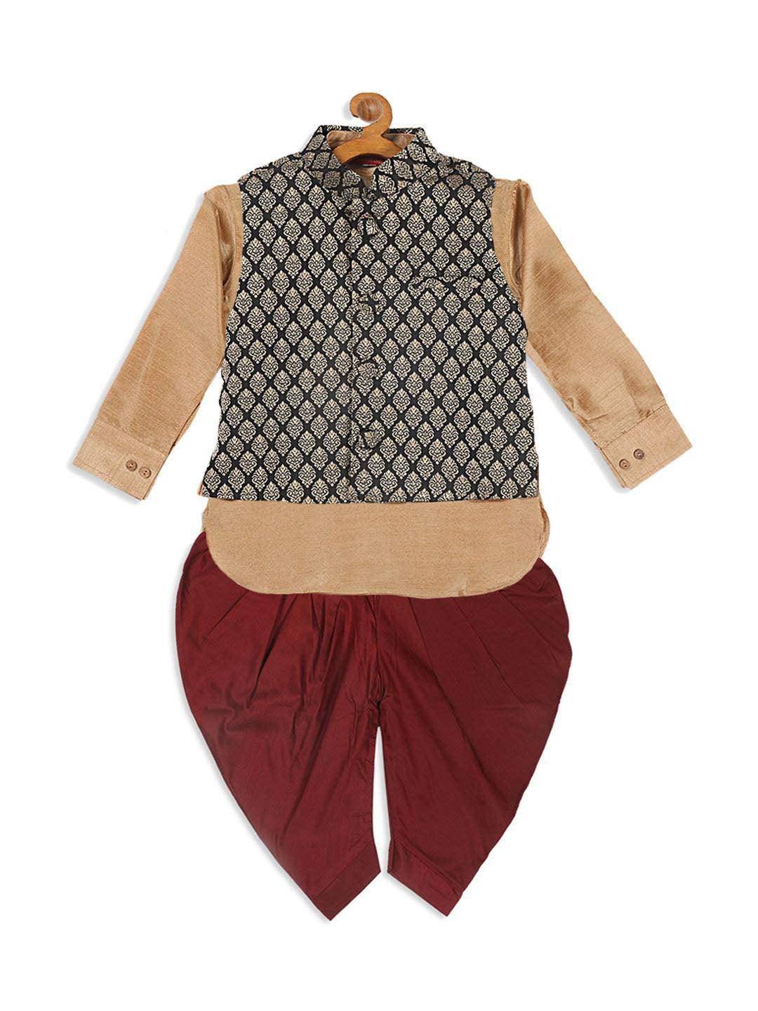 VASTRAMAY SISHU Boy's Black Woven Design Slim Fit Nehru Jacket And Rose Gold Kurta With Maroon Dhoti Set - Uboric