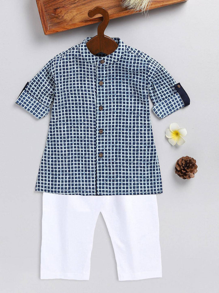 VASTRAMAY SISHU Boy's Blue and White Printed Cotton Kurta Pyjama Set - Uboric