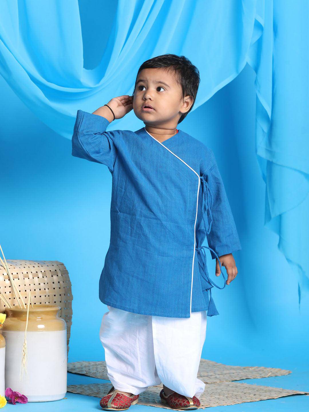 VASTRAMAY SISHU Boy's Blue Angrakha Style Krishna Kurta and White Dhoti Set - Uboric