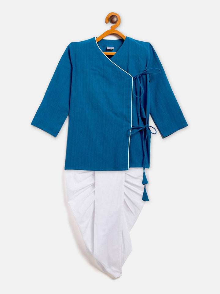 VASTRAMAY SISHU Boy's Blue Angrakha Style Krishna Kurta and White Dhoti Set - Uboric