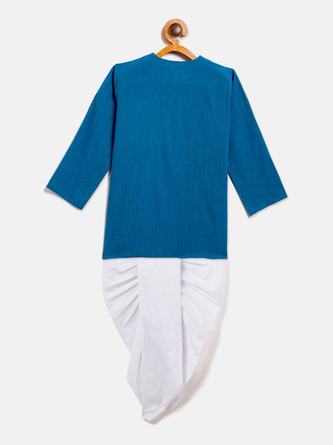 VASTRAMAY SISHU Boy's Blue Angrakha Style Krishna Kurta and White Dhoti Set - Uboric