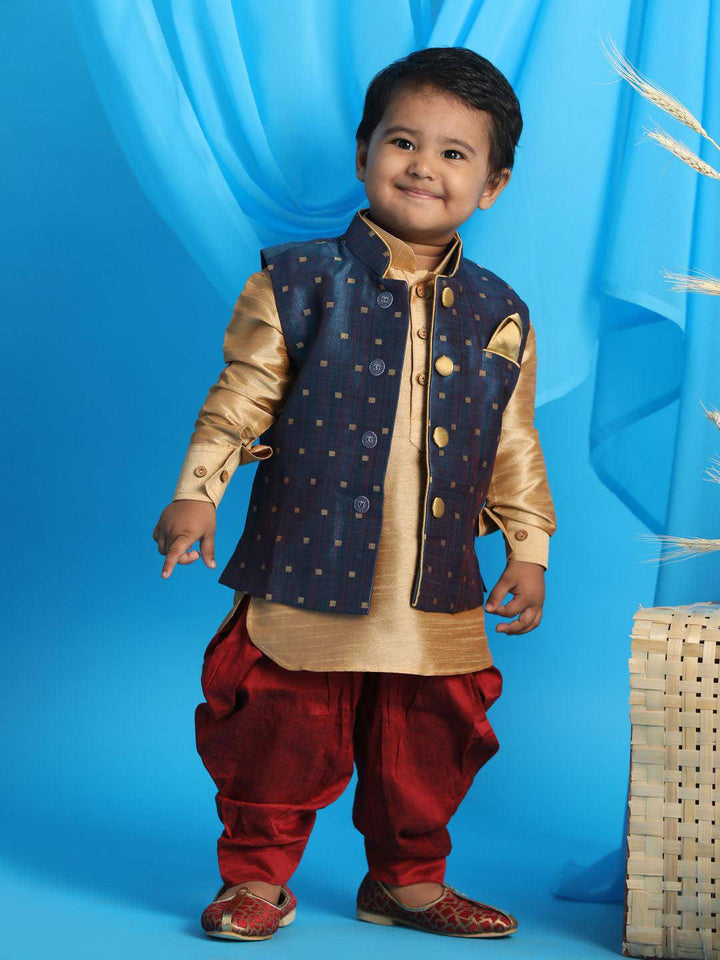 VASTRAMAY SISHU Boy's Blue Booti Woven Design Slim Fit Nehru Jacket And Rose Gold Kurta With Maroon Dhoti Set - Uboric