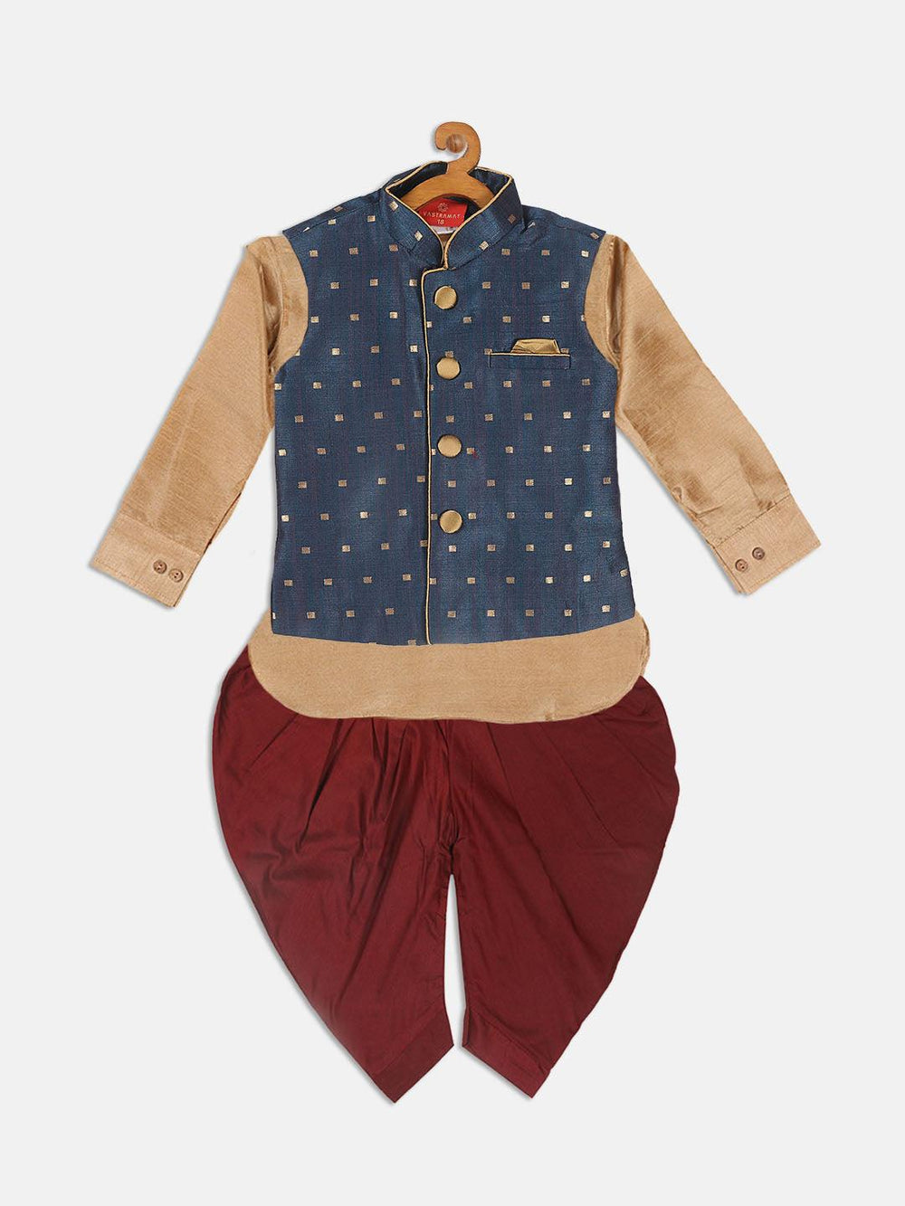 VASTRAMAY SISHU Boy's Blue Booti Woven Design Slim Fit Nehru Jacket And Rose Gold Kurta With Maroon Dhoti Set - Uboric