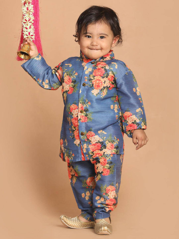 VASTRAMAY SISHU Boy's Blue Floral Printed Kurta With Pyjama Set - Uboric