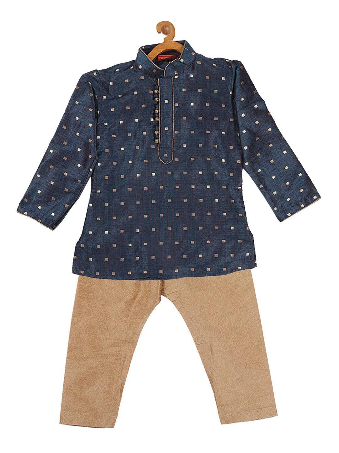 VASTRAMAY SISHU Boy's Blue Printed Kurta with Rose Gold Pyjamas & Nehru Jacket - Uboric