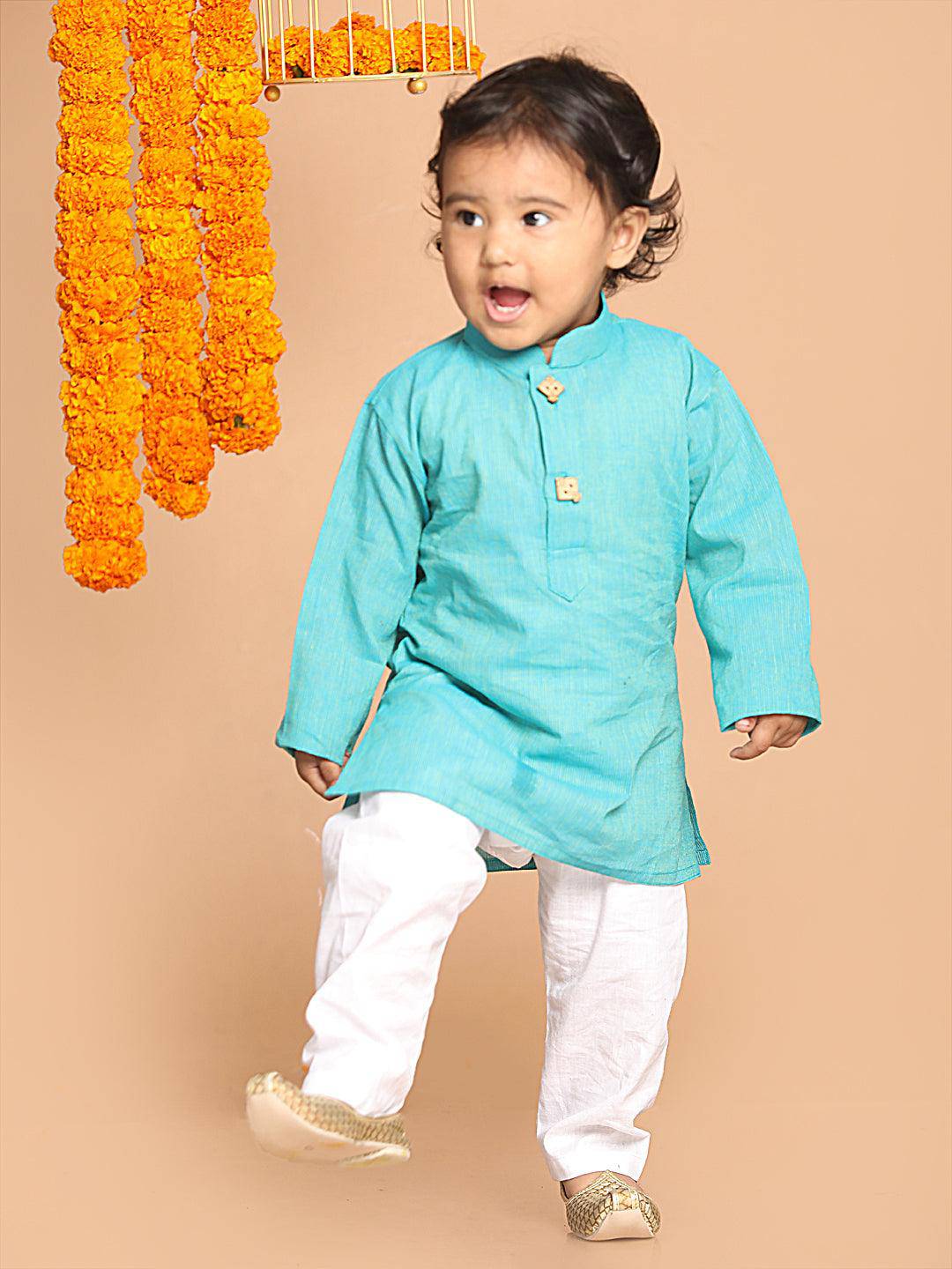 VASTRAMAY SISHU Boy's Blue Pure Cotton Kurta With White Pyjama Set - Uboric