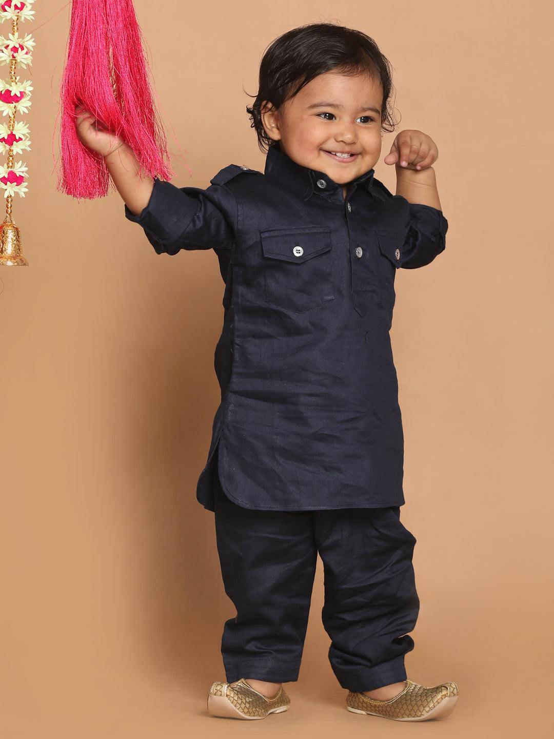 VASTRAMAY SISHU Boy's Blue Pure Cotton Pathani Kurta With Pyjama Set - Uboric