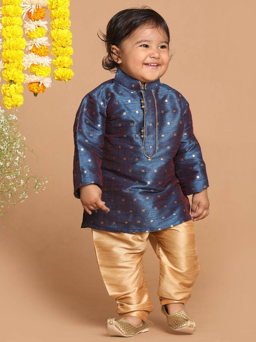 VASTRAMAY SISHU Boy's Blue Woven Design Kurta And Rose Gold Pyjama Set - Uboric