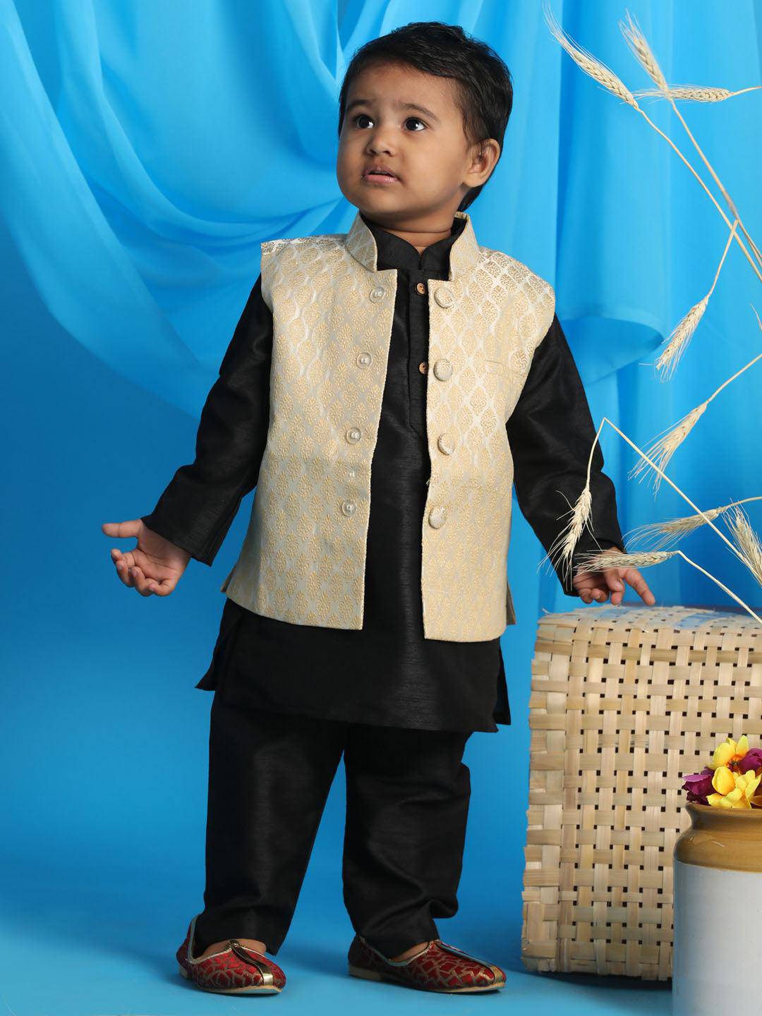 VASTRAMAY SISHU Boy's Cream Woven Design Slim Fit Nehru Jacket And Black Kurta Pyjama Set - Uboric