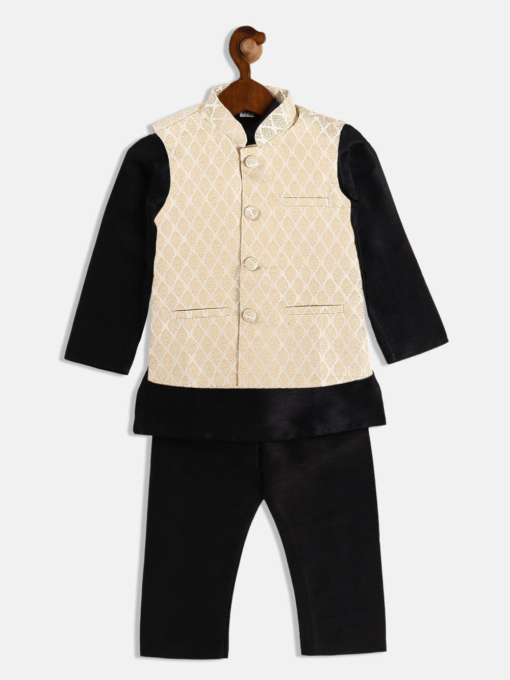 VASTRAMAY SISHU Boy's Cream Woven Design Slim Fit Nehru Jacket And Black Kurta Pyjama Set - Uboric